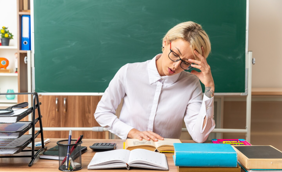 teacher showing signs of teacher burnout recovery challenges while working in a classroom