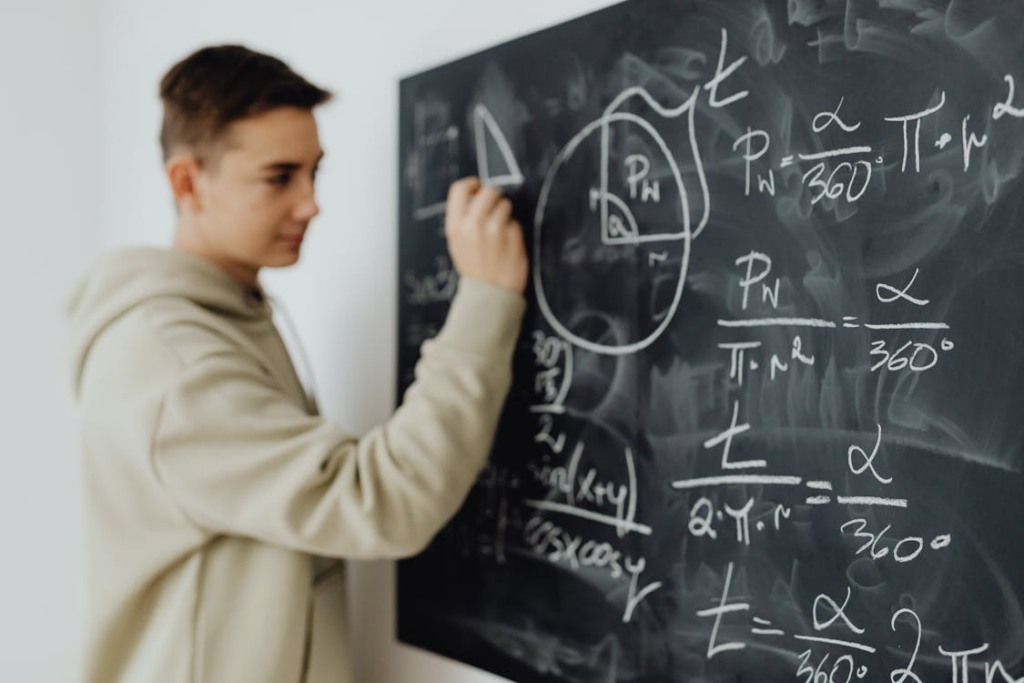 student applying memorizing vs understanding while solving math problems on a board