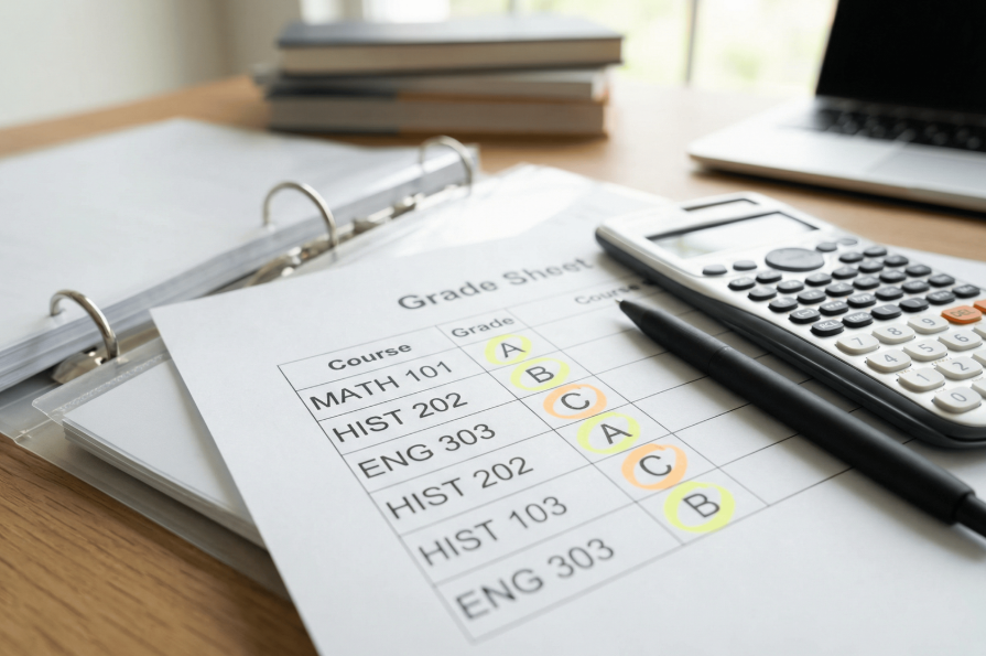 grade sheet and calculator illustrating why grading takes so long in academic evaluation